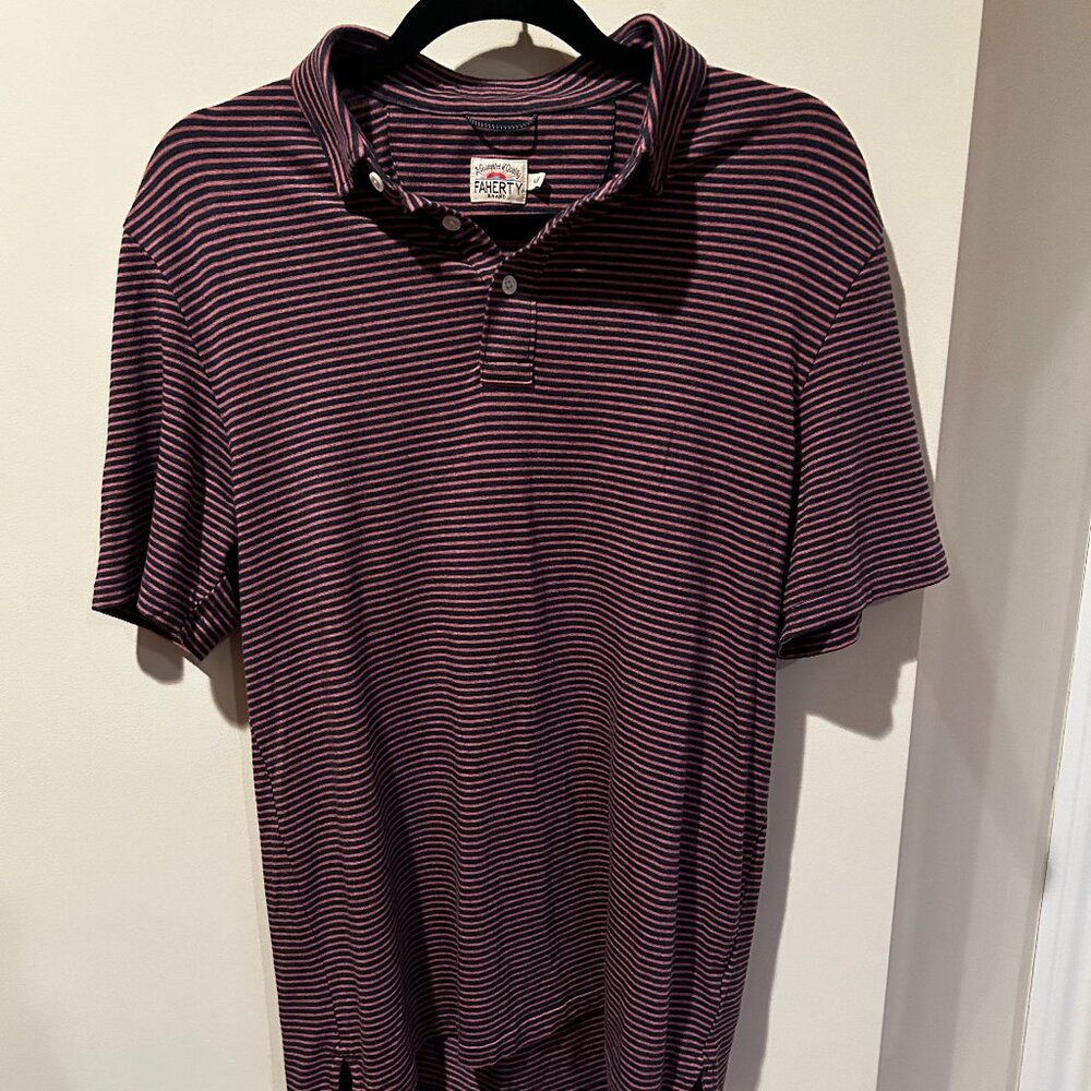Faherty Movement Short-Sleeve Polo Shirt Pink/Navy Stripe Sz M / Like New